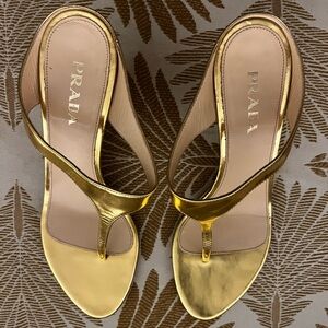 Prada T-Strap Gold Heeled Sandal